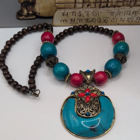 Blue and Red Necklace with Beads and Circular Pendant - Picture 3 of 5